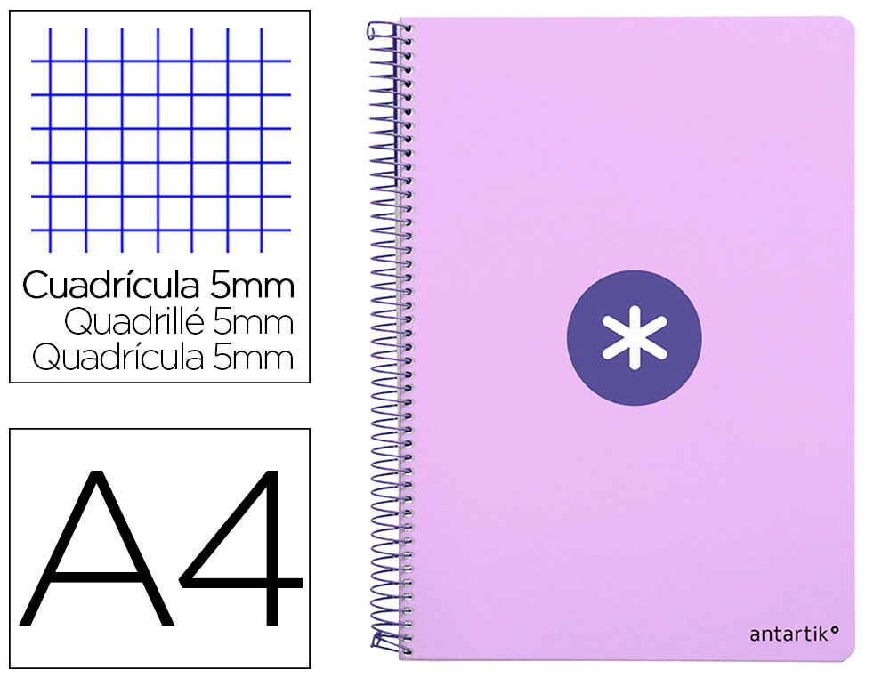 CUADERNO ESPIRAL LIDERPAPEL A4 MICRO ANTARTIK TAPA DURA 80H 100 GR CUADRO 5 MM SIN BANDAS 4 TALADROS COLOR LAVANDA