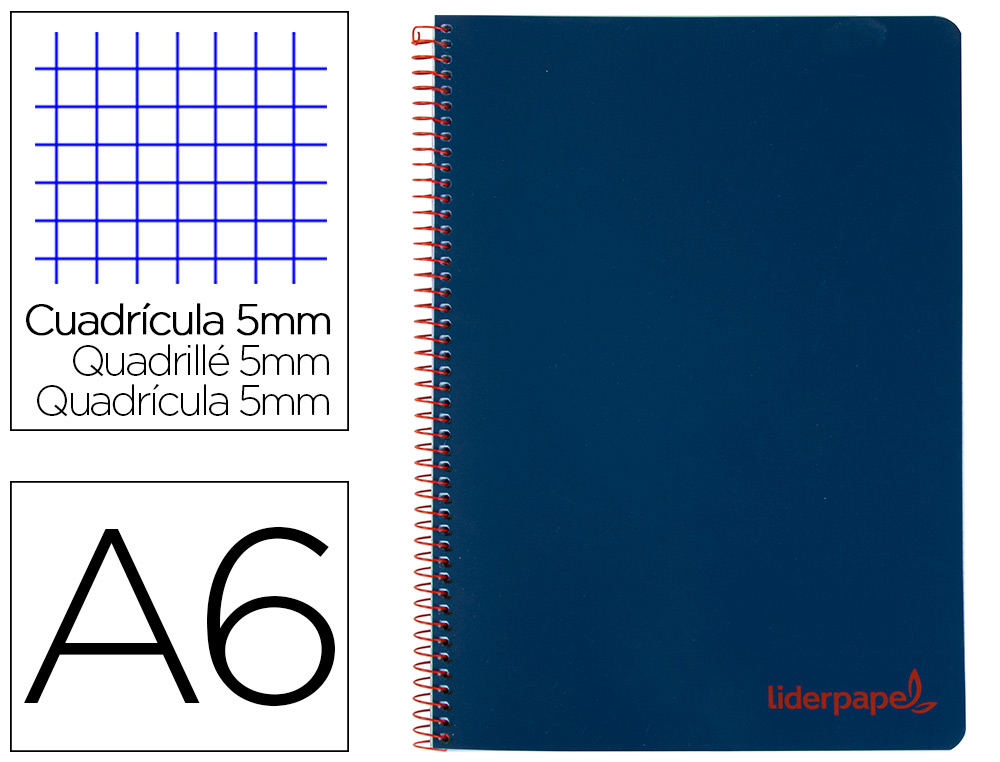 CUADERNO ESPIRAL LIDERPAPEL A6 MICRO WONDER TAPA PLASTICO 120H 90 GR CUADRO 5MM 4 BANDAS COLOR AZUL MARINO