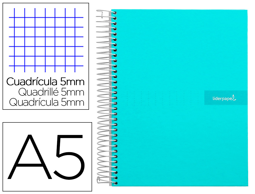 CUADERNO ESPIRAL LIDERPAPEL A5 MICRO CRAFTY TAPA FORRADA 120H 90GR CUADRO 5MM 5 BANDAS 6 TALADROS COLOR TURQUESA