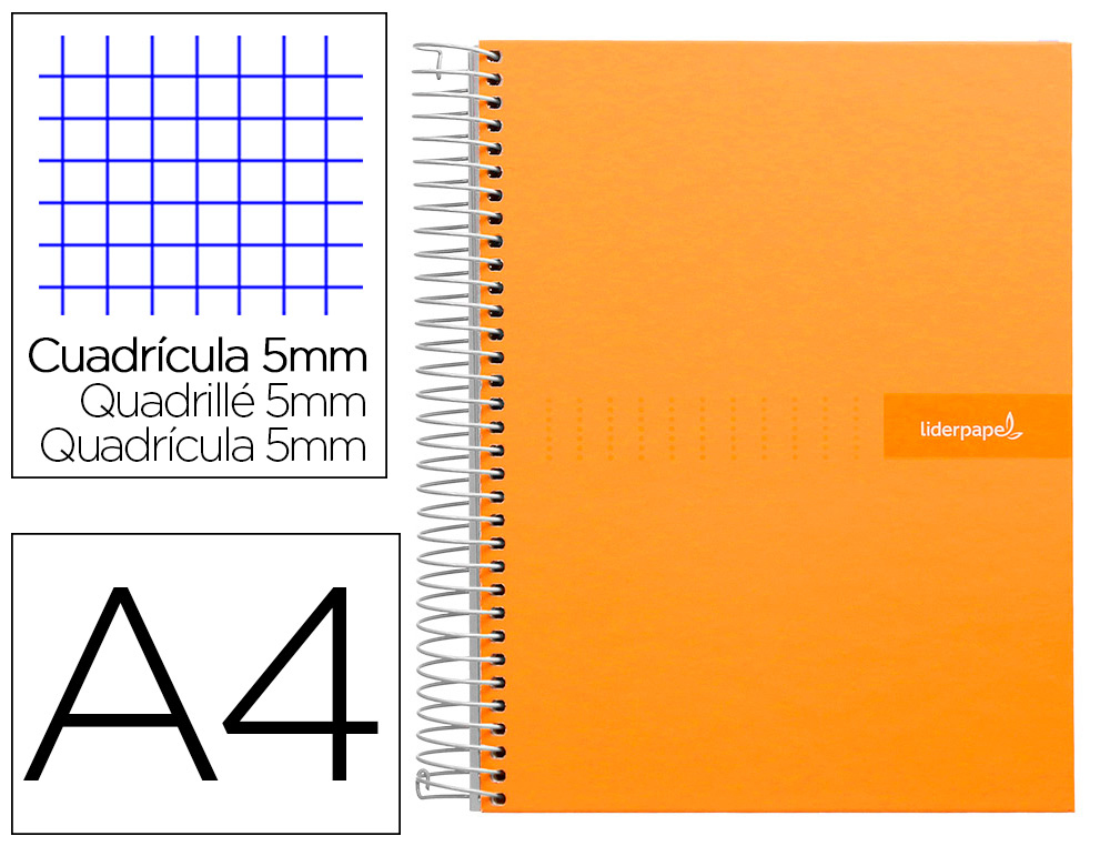 CUADERNO ESPIRAL LIDERPAPEL A4 MICRO CRAFTY TAPA FORRADA 120H 90GR CUADRO 5MM 5 BANDAS 4 COLORES COLOR NARANJA