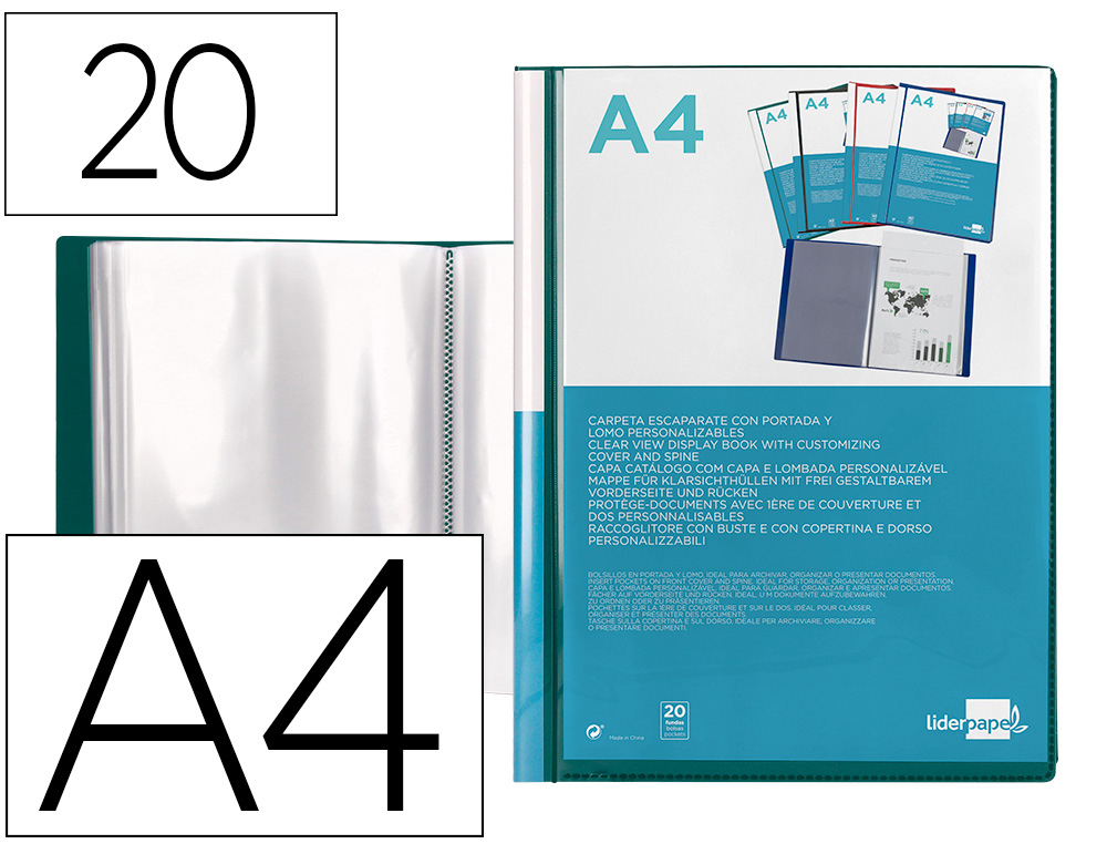 CARPETA LIDERPAPEL PERSONALIZA 20 FUNDAS CANGURO POLIPROPILENO DIN A4 VERDE TRANSLUCIDO PORTADA Y LOMO