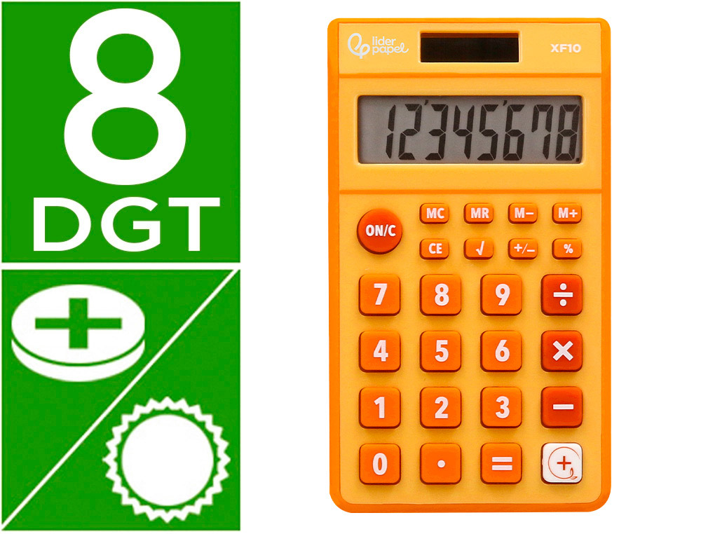 CALCULADORA LIDERPAPEL BOLSILLO XF10 8 DIGITOS SOLAR Y PILAS COLOR NARANJA 115X65X8 MM
