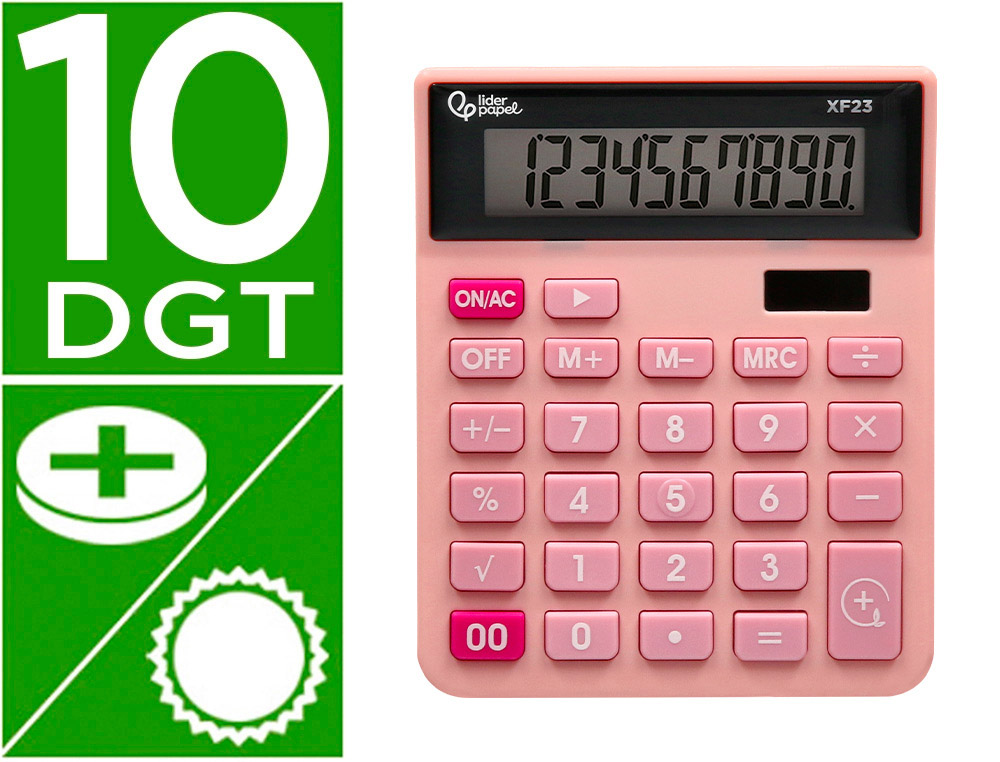 CALCULADORA LIDERPAPEL SOBREMESA XF23 10 DIGITOS SOLAR Y PILAS COLOR ROSA 127X105X24 MM