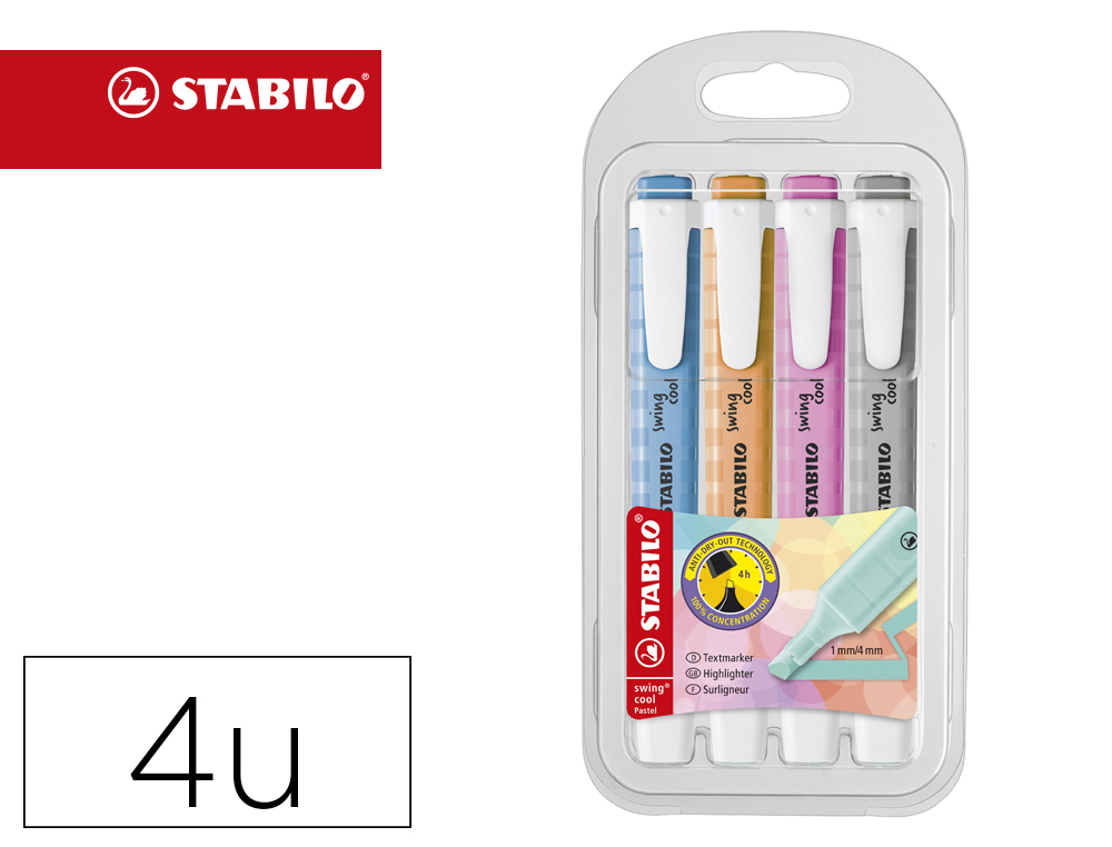 ROTULADOR STABILO FLUORESCENTE SWING COOL PASTEL ESTUCHE DE 4 UNIDADES COLORES SURTIDOS