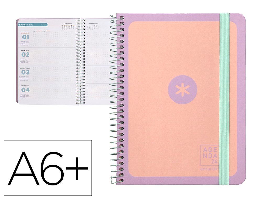 AGENDA DE OFICINA ANTARTIK A6+ 2024 SEMANA VISTA 80 GR CON SOBRE Y 3 HOJAS PEGATINAS PEACH 130X175 MM