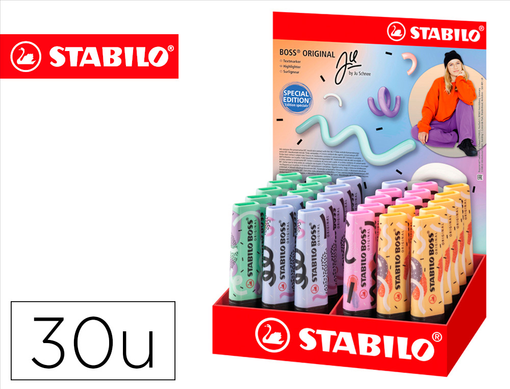 ROTULADOR STABILO BOSS FLUORESCENTE ORIGINAL PASTEL BY JU SCHNEE EXPOSITOR DE 30 UNIDADES COLORES SURTIDOS