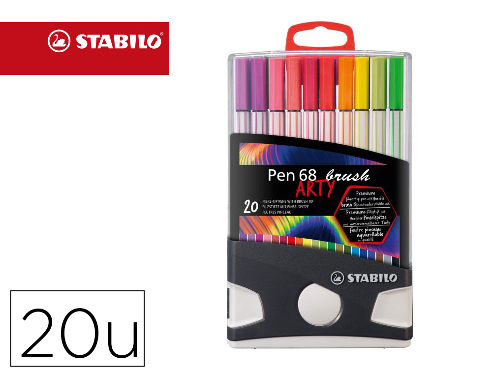 ROTULADOR STABILO ACUARELABLE PEN 68 BRUSH COLOR PARADE ESTUCHE DE 20 UNIDADES COLORES SURTIDOS