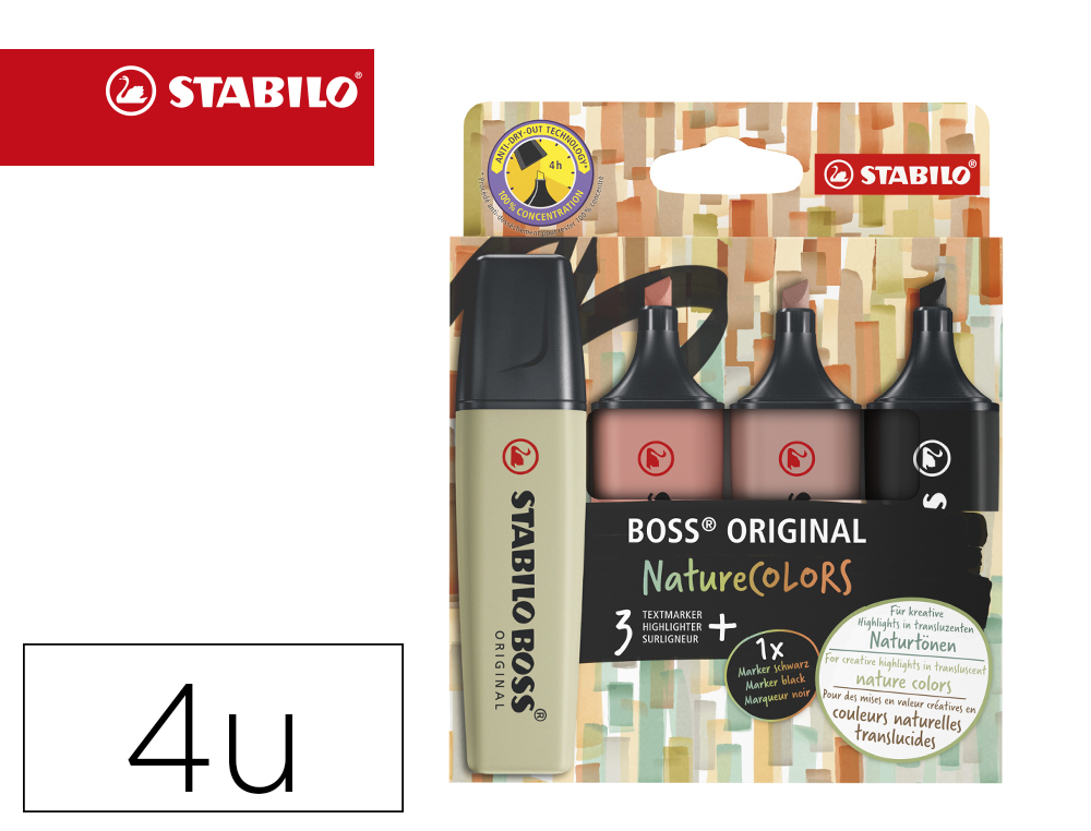 ROTULADOR STABILO BOSS PASTEL FLUORESCENTE NATURE 70 COLORS ESTUCHE DE 4 UNIDADES COLORES SURTIDOS