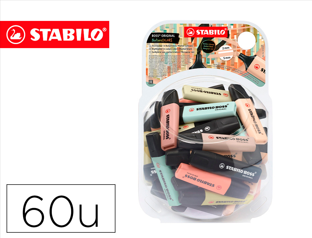 ROTULADOR STABILO BOSS PASTEL FLUORESCENTE 70 NATURE COLORS BOMBONERA DE 60 UNIDADES COLORES SURTIDOS