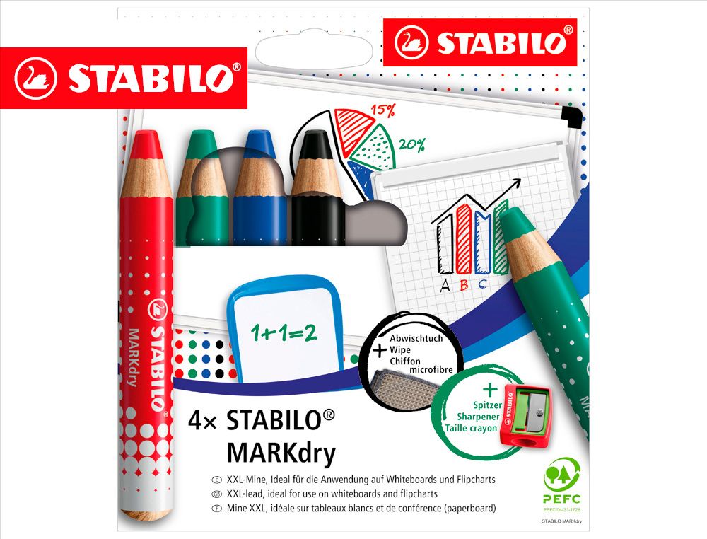 LAPIZ MARCADOR EN SECO STABILO MARKDRY PARA PIZARRA BLANCA ESTUCHE DE 4 UNIDADES COLORES SURTIDOS
