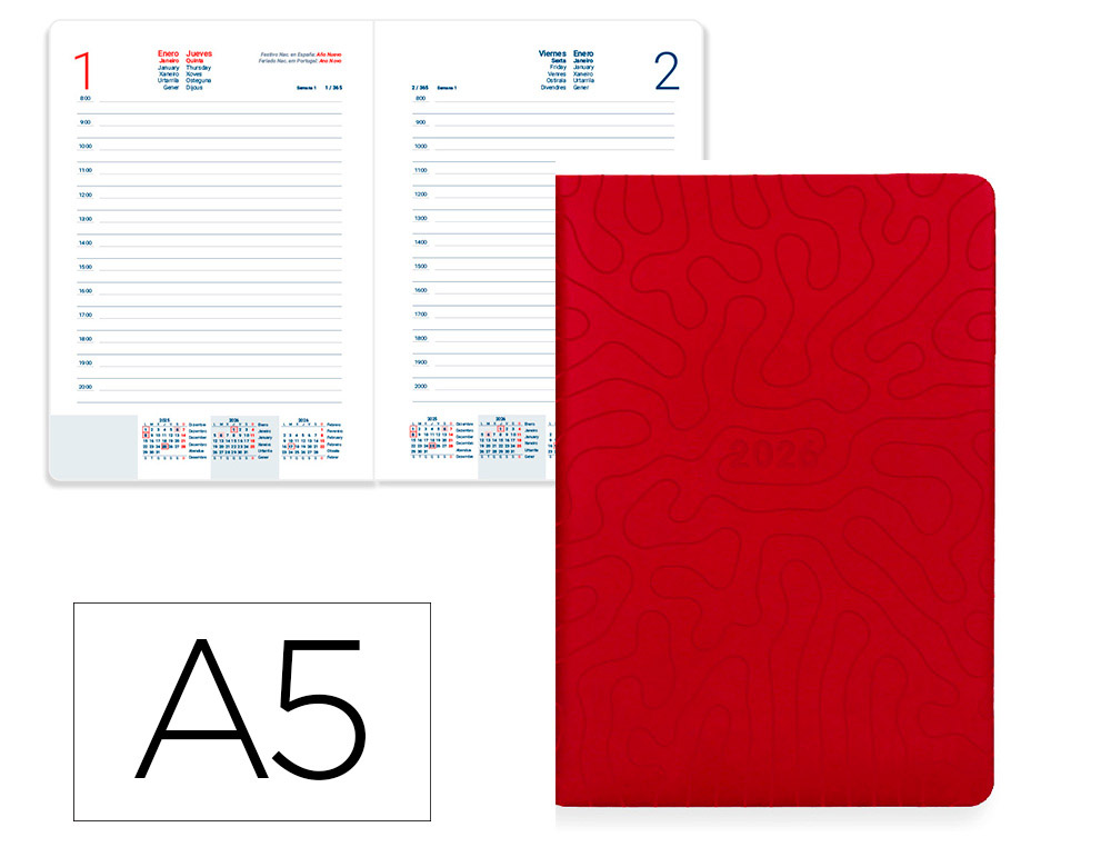AGENDA ENCUADERNADA LIDERPAPEL LIPSI A5 2026 DIA PAGINA ROJO PAPEL 70 GR FSC