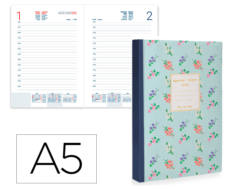 AGENDA ENCUADERNADA LIDERPAPEL NOMI A5 2026 DIA PAGINA AZUL PAPEL 70 GR FSC
