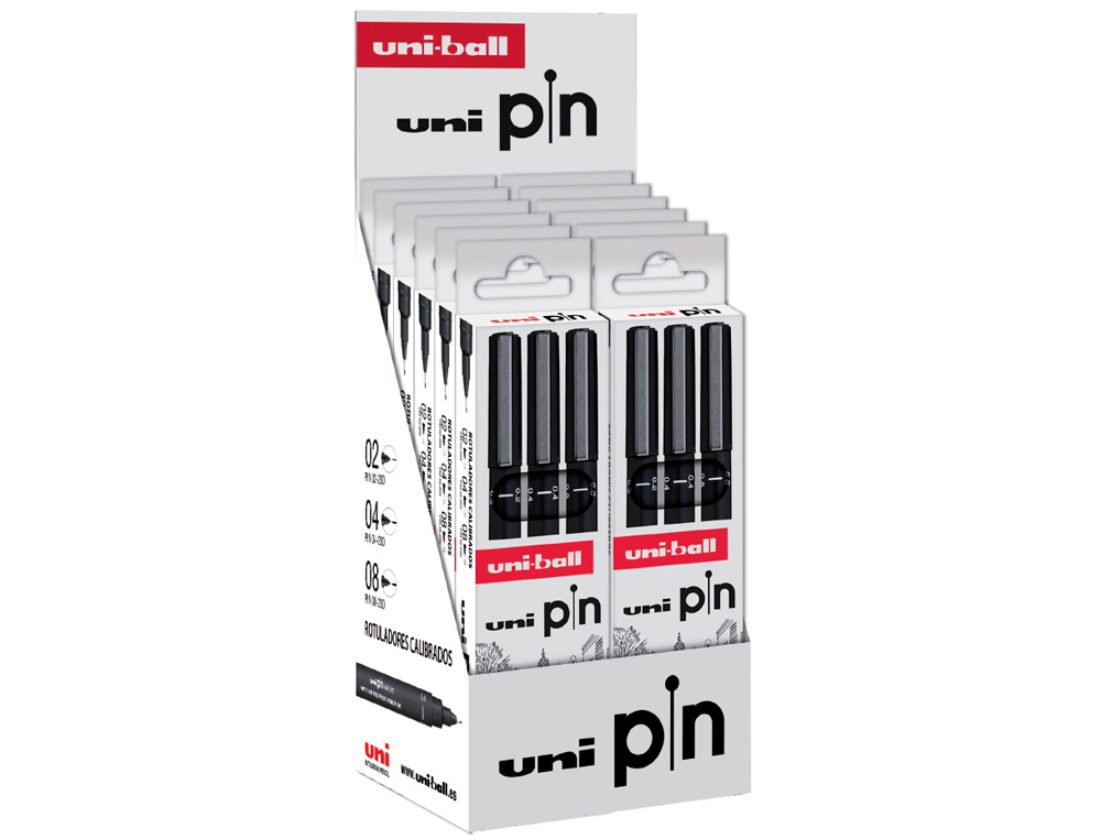 ROTULADOR UNIBALL PIN CALIBRADO MICROMETRICO COLOR NEGRO EXPOSITOR DE 12 BLISTER DE 3 UNIDADES