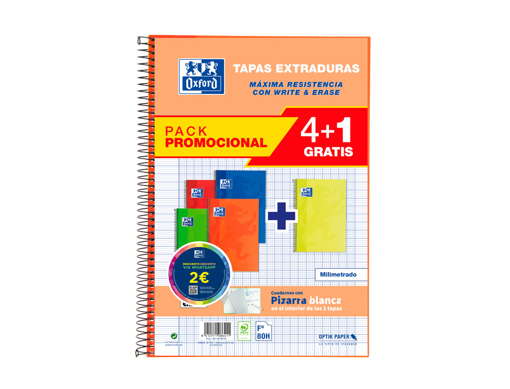 CUADERNO ESPIRAL OXFORD TAPA EXTRADURA FOLIO 80 HOJAS 90 GR MILIMETRADO COLORES VIVOS PACK DE 4+1 UNIDADES