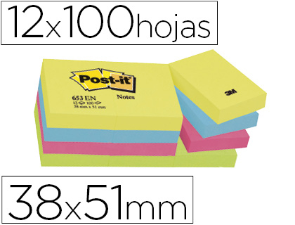 BLOC DE NOTAS ADHESIVAS QUITA Y PON POST-IT 38X51 MM NEON PACK DE 12 BLOCS SURTIDO