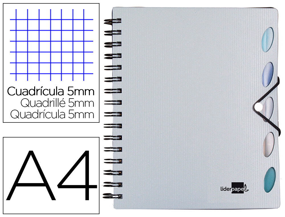 CUADERNO ESPIRAL LIDERPAPEL A4 MICRO EXECUTIVE TAPA PLASTICO 100H 80GR CUADRO 5MM 5 SEP ARADORES CON GOMILLA PLATA