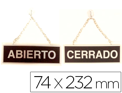 LETRERO DE ALUMINIO SERIGRAFIADO ABIERTO Y CERRADO CON CADENA Y VENTOSA PARA COLGAR 232X74 MM