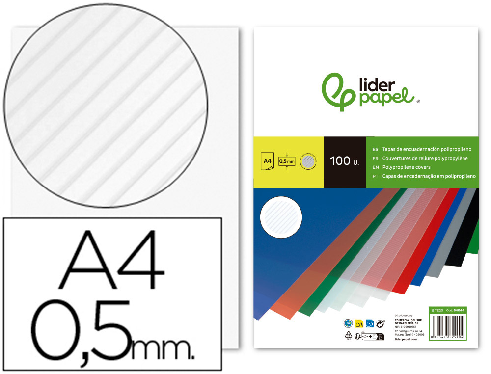 TAPA ENCUADERNACION LIDERPAPEL POLIPROPILENO RAYADO A4 0.5MM TRANSPARENTE PAQUETE DE 100 UNIDADES