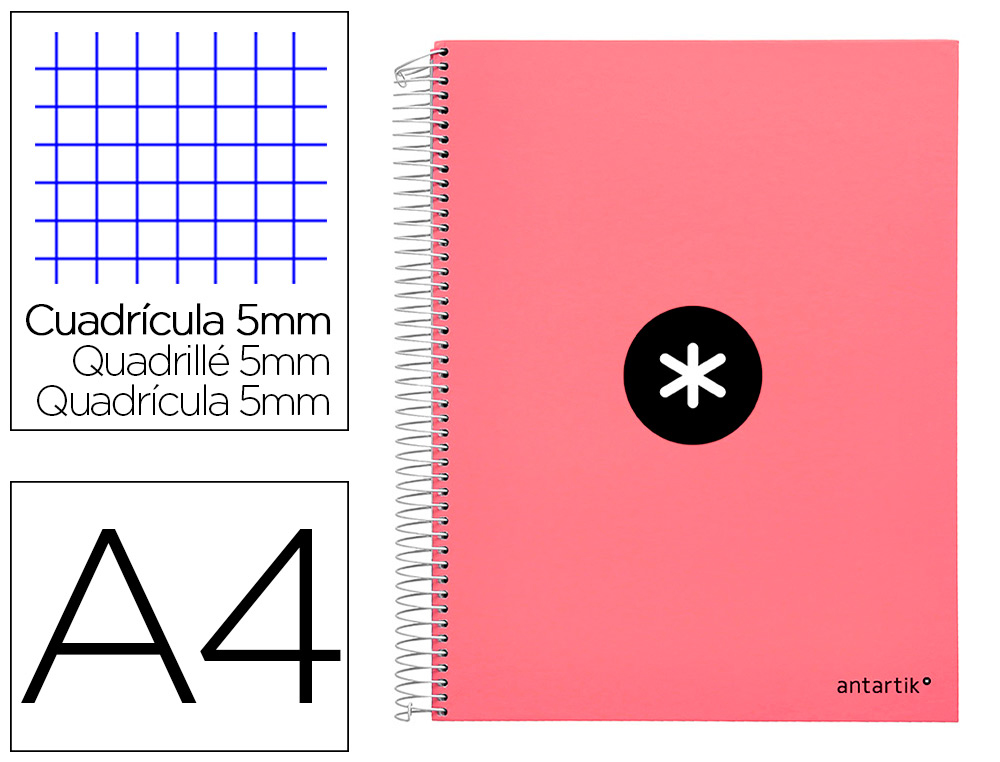 CUADERNO ESPIRAL LIDERPAPEL A4 MICRO ANTARTIK TAPA FORRADA120H 100 GR CUADRO 5MM 5 BANDA4 TALADROS COLOR CORAL
