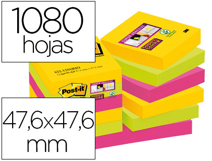 BLOC DE NOTAS ADHESIVAS QUITA Y PON POST-IT SUPER STICKY 47,6X47,6 MM CON 90 HOJAS PACK DE 12 BLOC COLORES