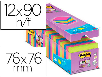 BLOC DE NOTAS ADHESIVAS QUITA Y PON POST-IT SUPER STICKY 76X76 MM 90 HOJAS COLORES SURTIDOS PACK DE 21 + 3