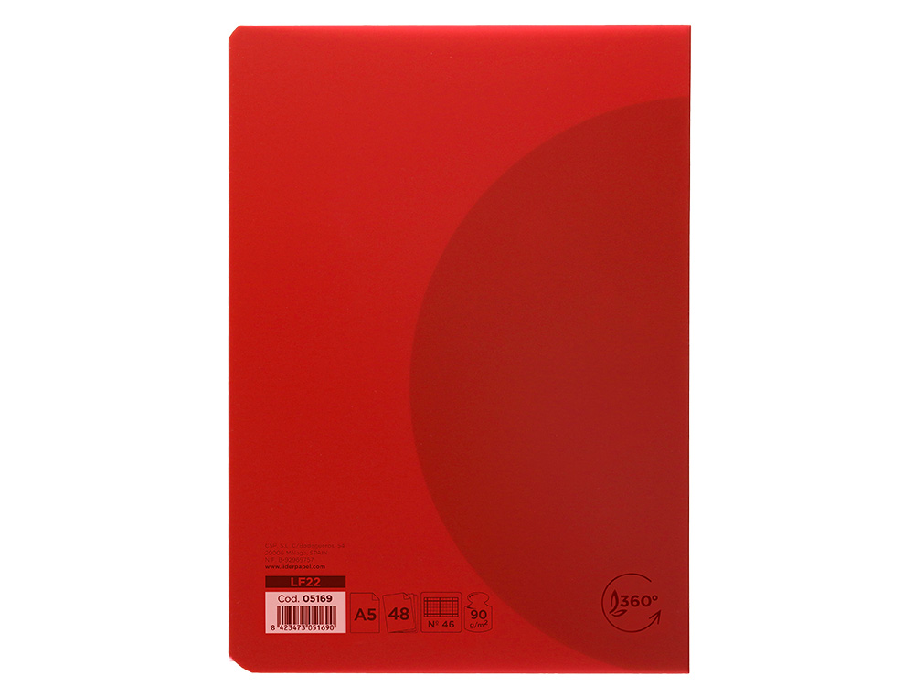 LIBRETA LIDERPAPEL 360 TAPA DE PLASTICO A5 48 HOJAS 90G/M2 RAYADO Nº46 COLORES SURTIDOS