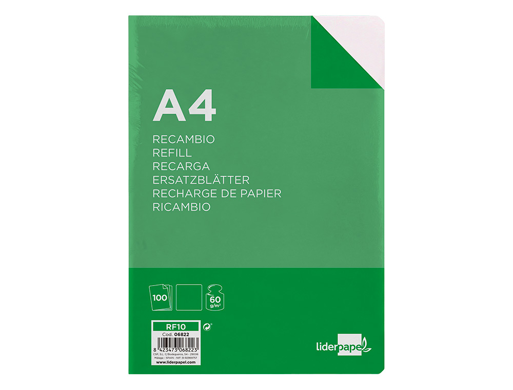 RECAMBIO LIDERPAPEL A4 100 HOJAS 60G/M2 LISO SIN MARGEN 4 TALADROS