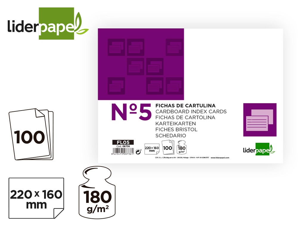 FICHA LIDERPAPEL LISA Nº5 160X220MM PAQUETE DE 100 180G