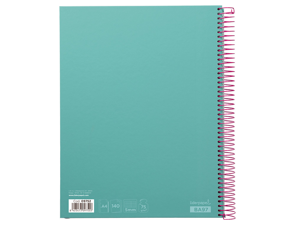 CUADERNO ESPIRAL LIDERPAPEL A4 MICRO JOLLY TAPA FORRADA 140H 75 GR CUADRO 5MM 5 BANDAS4 TALADROS COLOR TURQUESA