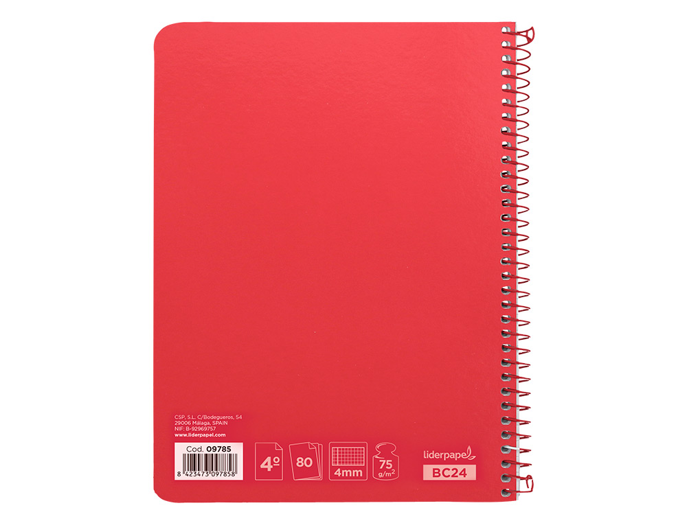 CUADERNO ESPIRAL LIDERPAPEL CUARTO WITTY TAPA DURA 80H 75GR CUADRO 4MM CON MARGEN COLOR ROJO