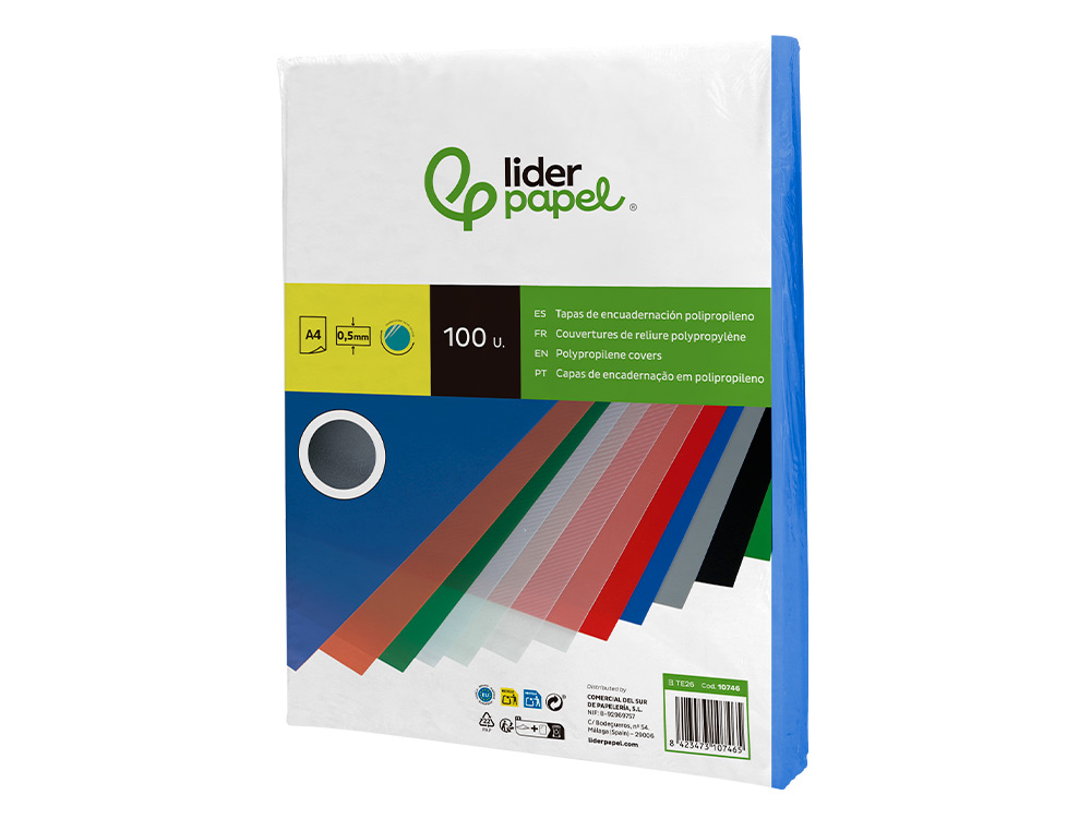 TAPA ENCUADERNACION LIDERPAPEL POLIPROPILENO A4 0.5 MM AZUL TRANSLUCIDO PAQUETE DE 100 UNIDADES