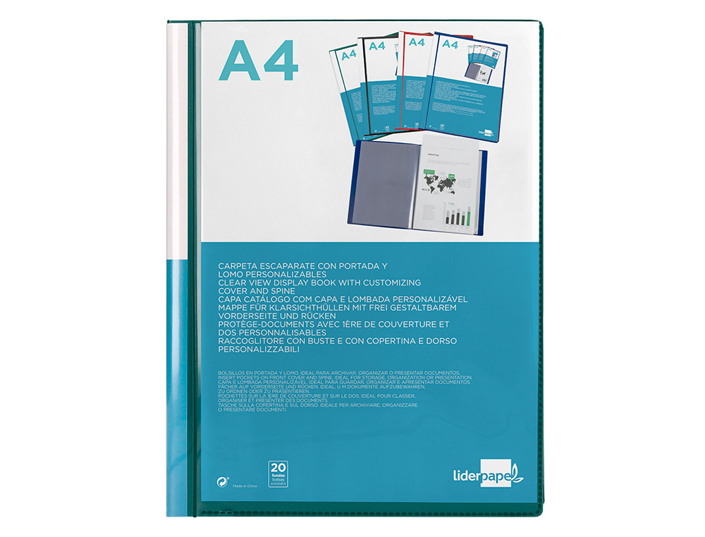 CARPETA LIDERPAPEL PERSONALIZA 20 FUNDAS CANGURO POLIPROPILENO DIN A4 VERDE TRANSLUCIDO PORTADA Y LOMO