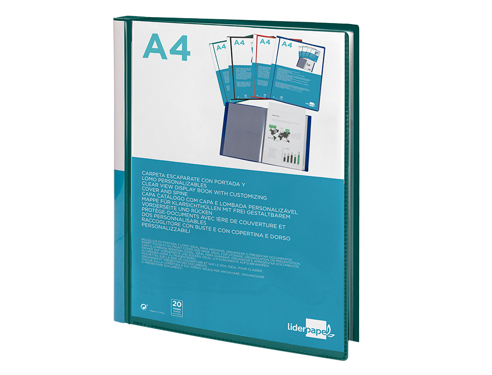 CARPETA LIDERPAPEL PERSONALIZA 20 FUNDAS CANGURO POLIPROPILENO DIN A4 VERDE TRANSLUCIDO PORTADA Y LOMO