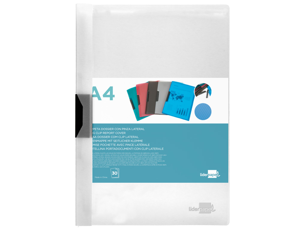CARPETA LIDERPAPEL DOSSIER PINZA LATERAL POLIPROPILENO DIN A4 TRANSPARENTE 30 HOJAS PINZA DESLIZANTE