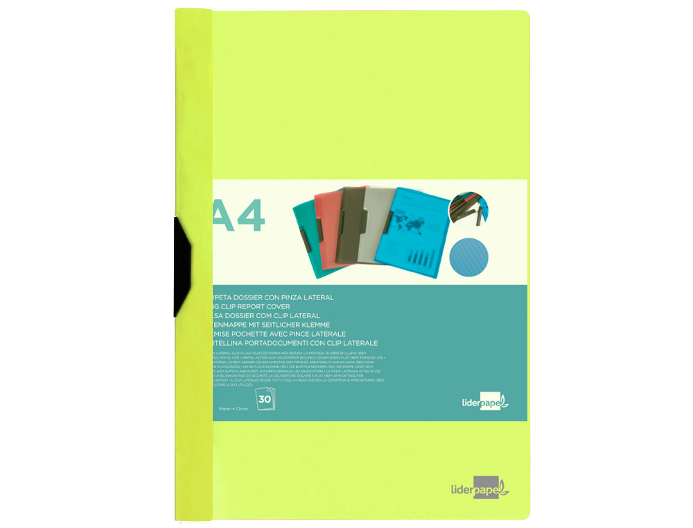 CARPETA LIDERPAPEL DOSSIER PINZA LATERAL POLIPROPILENO DIN A4 AMARILLO FLUOR OPACO 30 HOJAS PINZA DESLIZANTE