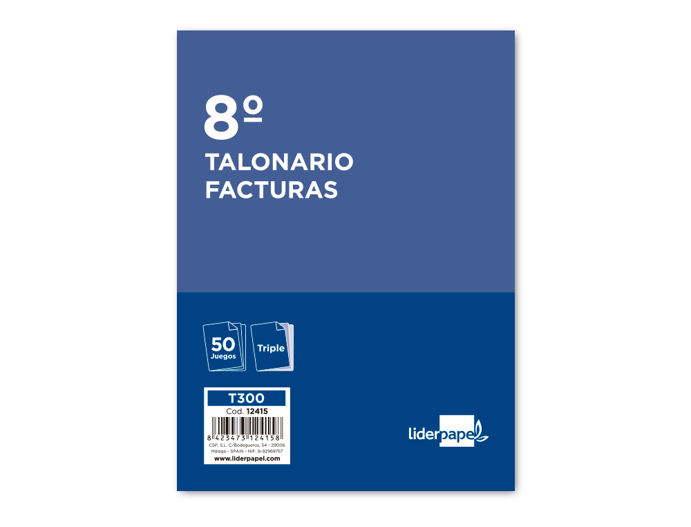 TALONARIO LIDERPAPEL FACTURAS 8 ORIGINAL Y 2 COPIAS T300 CON I.V.A.