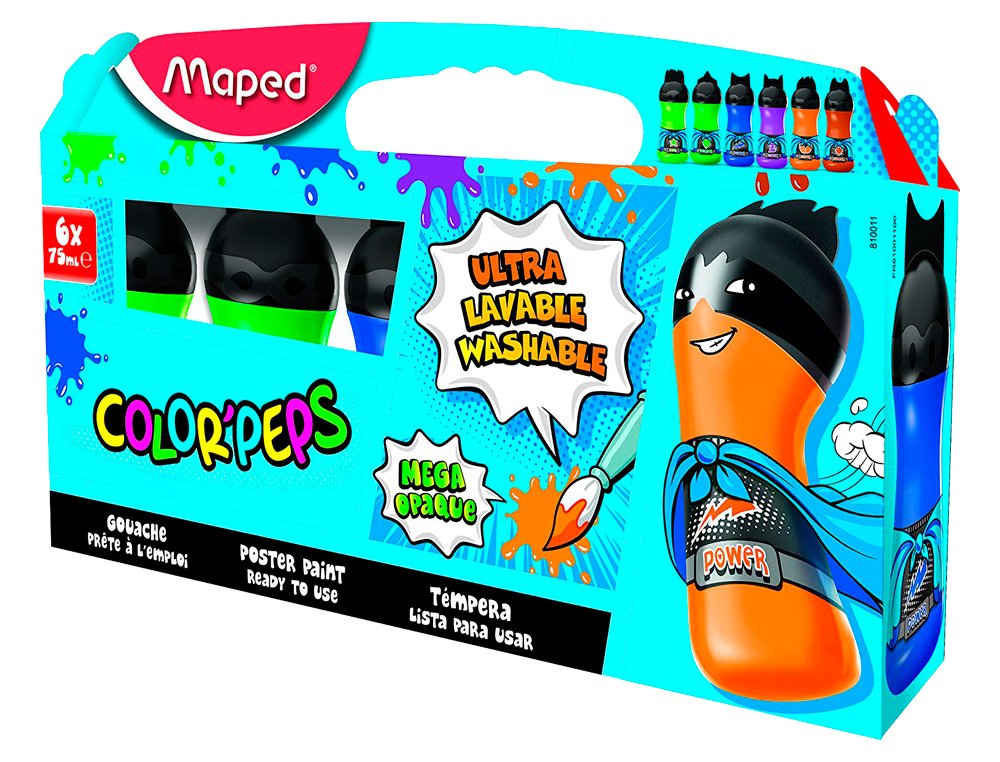 TEMPERA MAPED COLOR PEPS ULTRA LAVABLE CAJA DE 6 COLORES SURTIDOS SECUNDARIOS 75 ML