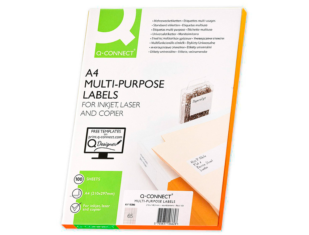 ETIQUETA ADHESIVA Q-CONNECT KF15386 TAMAO 38,1X21,2 MM FOTOCOPIADORA LASER INK-JET CAJA CON 100 HOJAS DIN A4