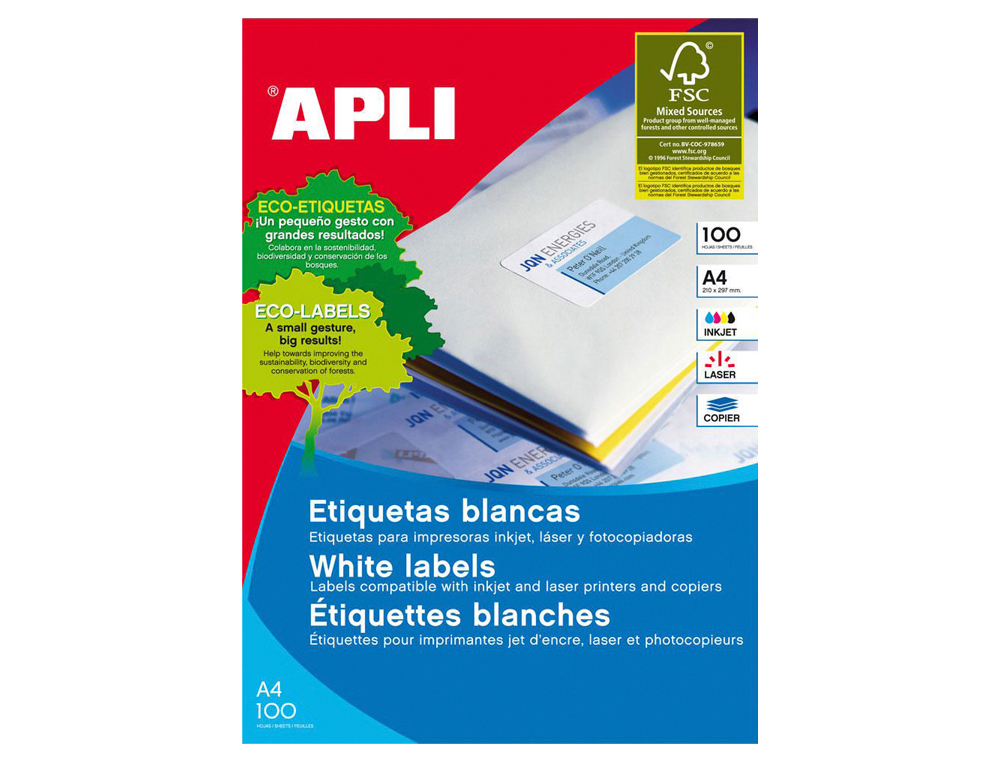 ETIQUETA ADHESIVA APLI 2423 TAMAÑO 199,6X144,5 MM FOTOCOPIADORA LASER INK-JET CAJA CON 100 HOJAS DIN A4