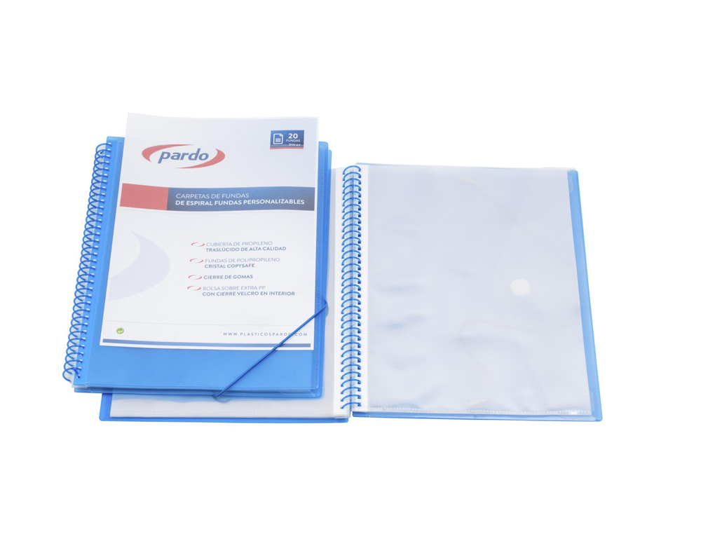 CARPETA PARDO ESCAPARATE CON ESPIRAL 30 FUNDAS POLIPROPILENO CON GOMAS PERSONALIZABLE COLOR AZUL