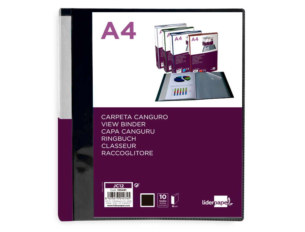 CARPETA LIDERPAPEL 10 FUNDAS CANGURO PP DIN A4 NEGRO OPACO PORTADA Y LOMO PERSONALIZABLE