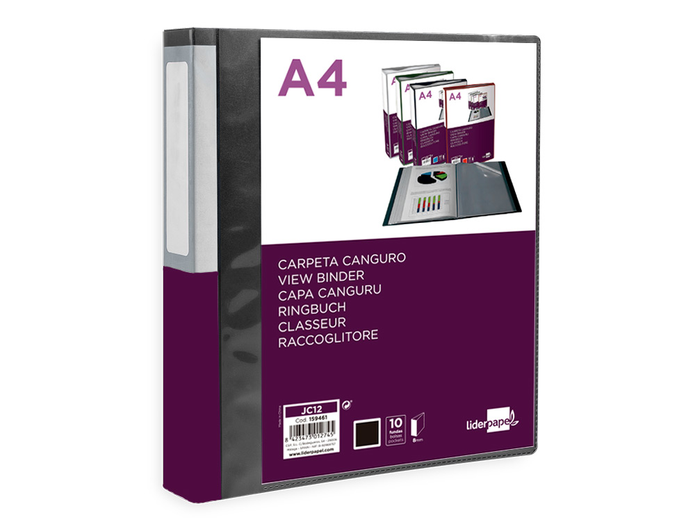 CARPETA LIDERPAPEL 10 FUNDAS CANGURO PP DIN A4 NEGRO OPACO PORTADA Y LOMO PERSONALIZABLE