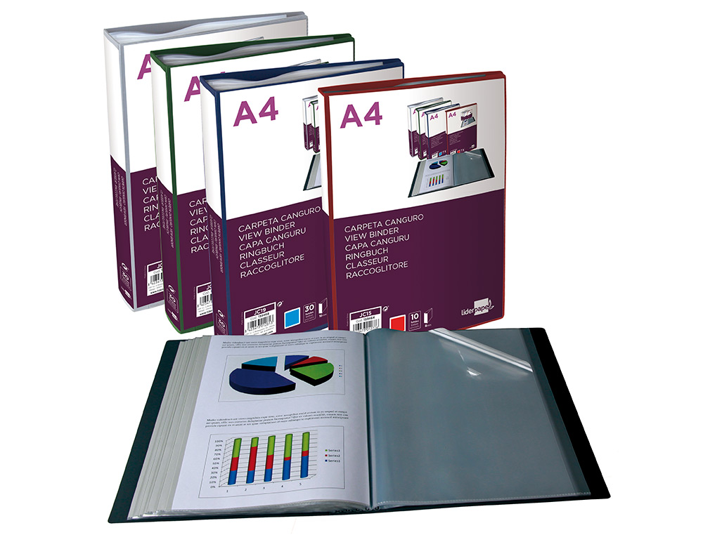 CARPETA LIDERPAPEL 10 FUNDAS CANGURO PP DIN A4 NEGRO OPACO PORTADA Y LOMO PERSONALIZABLE