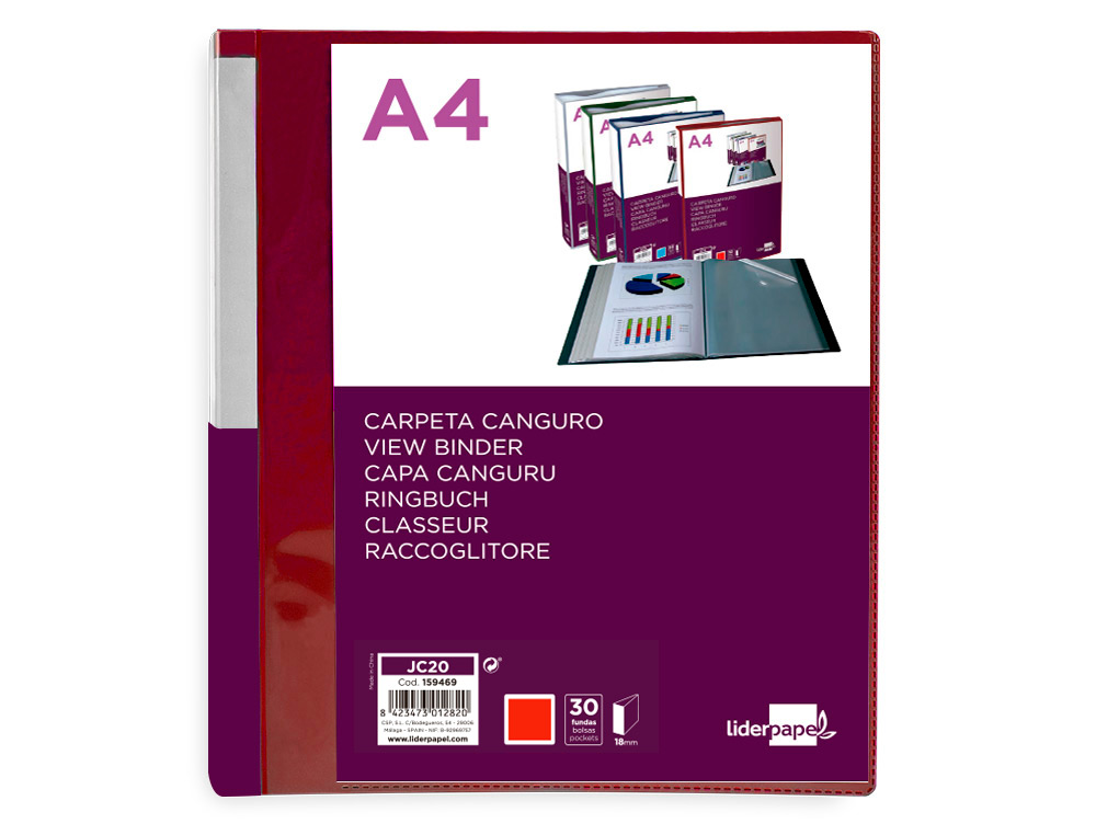 CARPETA LIDERPAPEL 30 FUNDAS CANGURO PP DIN A4 ROJO TRANSLUCIDO PORTADA Y LOMO PERSONALIZABLE
