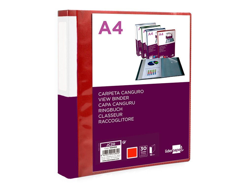 CARPETA LIDERPAPEL 30 FUNDAS CANGURO PP DIN A4 ROJO TRANSLUCIDO PORTADA Y LOMO PERSONALIZABLE