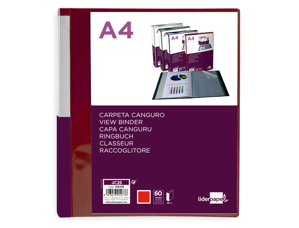 CARPETA LIDERPAPEL 60 FUNDAS CANGURO PP DIN A4 ROJO TRANSLUCIDO PORTADA Y LOMO PERSONALIZABLE