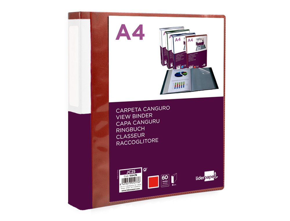 CARPETA LIDERPAPEL 60 FUNDAS CANGURO PP DIN A4 ROJO TRANSLUCIDO PORTADA Y LOMO PERSONALIZABLE