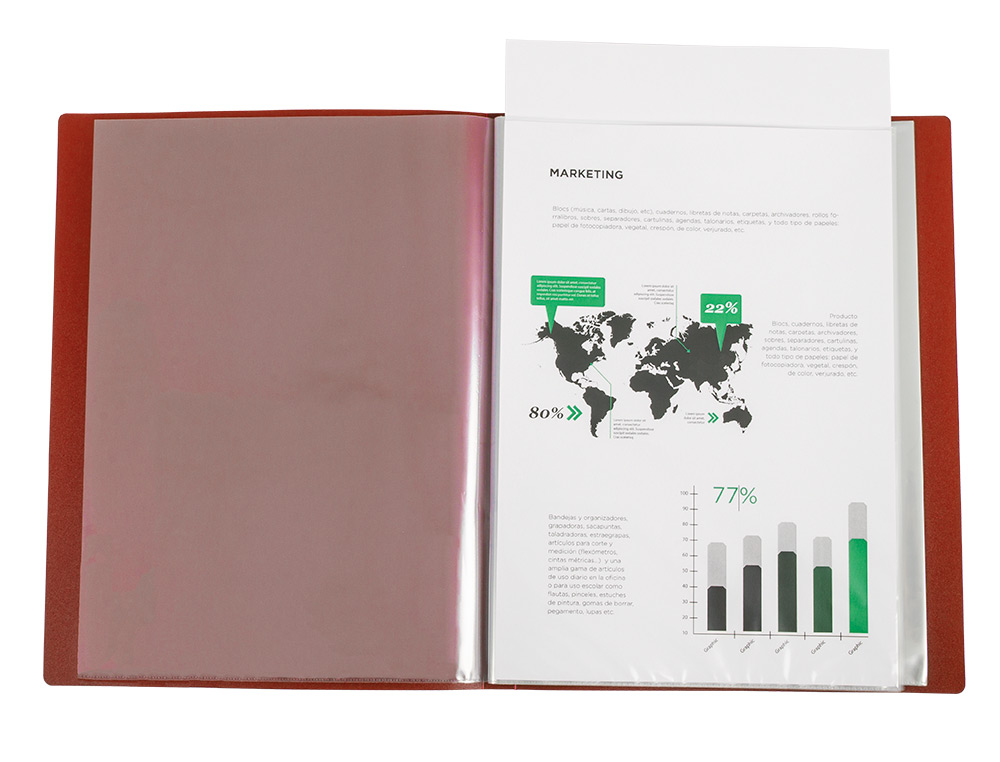 CARPETA LIDERPAPEL 60 FUNDAS CANGURO PP DIN A4 ROJO TRANSLUCIDO PORTADA Y LOMO PERSONALIZABLE