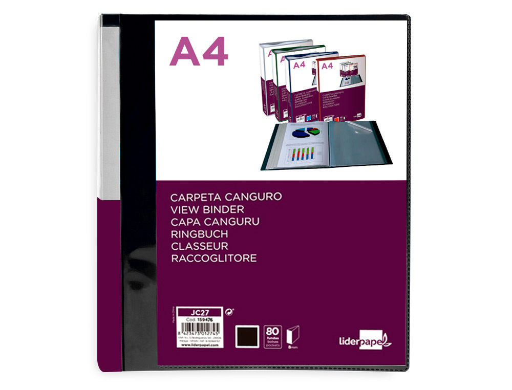 CARPETA LIDERPAPEL 80 FUNDAS CANGURO PP DIN A4 NEGRO OPACO PORTADA Y LOMO PERSONALIZABLE