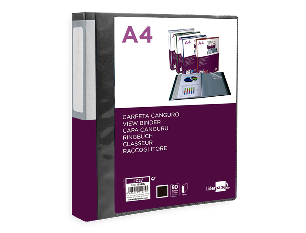 CARPETA LIDERPAPEL 80 FUNDAS CANGURO PP DIN A4 NEGRO OPACO PORTADA Y LOMO PERSONALIZABLE